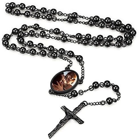 FaithHeart Collana Rosario Medaglia HD Foto Uomo Donna Crocifisso Pregheria Collana Croce Cattolica Personalizzata Catena Colorata con Perline Ciondolo Crocifisso Gioielli Religiosi