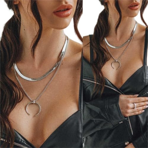 Wendalern Collana A Catena Di Serpenti Stratificati Collana Girocollo A Spina Di Pesce In Argento Collana Con Ciondolo A Mezzaluna Boho Dainty Doppio Corno Mezza Luna Collane Gioielli Per Le Donne