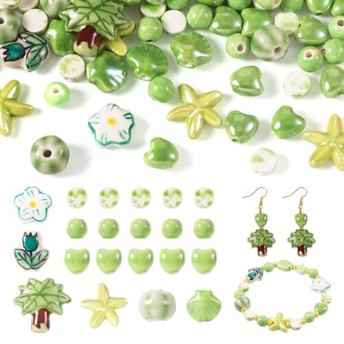 Bestewelry 66 perline in porcellana verde, piatte e rotonde, a rondelle, a forma di cuore, fiore, in porcellana, perline sfuse distanziatrici per collane, bracciali, orecchini, creazione di gioielli