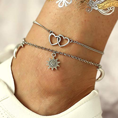 Yienate Cavigliera a forma di luna multistrato, stile boho, stile vintage, con cuore cavo, in argento, con catena da spiaggia, accessori da 2 pezzi, per donne e ragazze