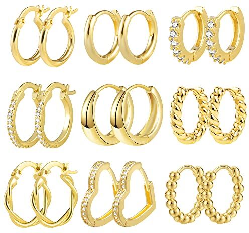 ALEXCRAFT 9 Paia orecchini cerchio piccoli, orecchini donna oro 14k Placcato, cerchi orecchini, Argento Sterling S925 Set di Piccoli Orecchini a Cerchio in Argento Dorato Orecchini Huggie Hoop