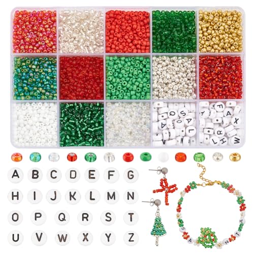 PH PandaHall 3180pz Perline 3mm Verde Rosso Branello Della Vita Lettera Perline Acriliche Perline Alfabeto 8/0 perline di Amicizia Piccolo Tallone Mini Perline per Il Natale Braccialetto di Tessitura