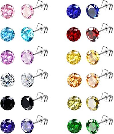 KALVICA 12 paia Set di Orecchini in Acciaio Inossidabile Ipoallergenico Donna Uomo Orecchini con Zirconi Brillanti Piercing Borchie Orecchini Orecchini a Perno Rotondi Colorati 3MM 5MM 7MM