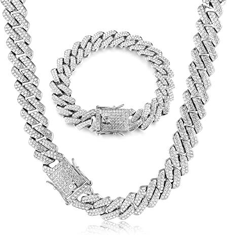 Roheafer Catena Cubana Iced out da Uomo Collana Bracciale Maglie Cubane Miami da 14 Mm Bracciale Catena con Diamanti Bling Placcato Oro 18 Carati Gioielli Hip Hop per Uomo Donna