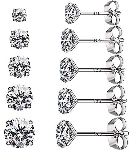 WeddHuis 5 Paia Orecchini Uomo Donna con Zirconia Cubica, Orecchini Acciaio Chirurgico, Orecchini Anallergici Donna in Acciaio al Titanio, Orecchini Brillantini Diamante 4~8 mm, Bianco