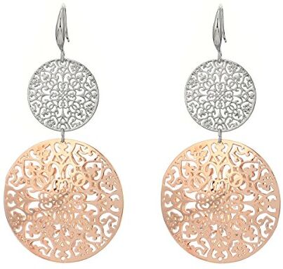 Ouran Orecchini pendenti da donna e ragazza, a forma di fiore cavo, in acciaio INOX placcati in oro rosa con cristallo e placcato Platino, colore: Silver and Gold Plated, cod.