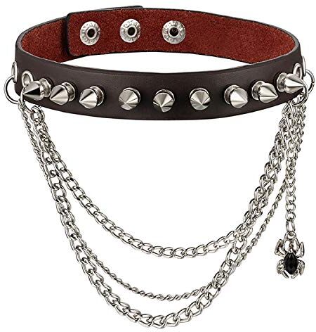 OIDEA Collana Girocollo da Donna Uomo in Pelle con Rivetto Punk Prepotente alla Moda Collana Catena con Decorazione a Ragno Colore Marrone Regalo Perfetto