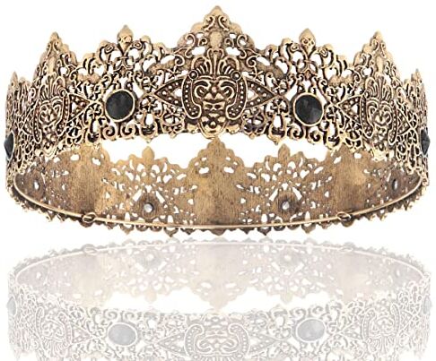 LEEMASING Re Uomo Oro Tiara Corona Imperiale Medievale Fascia per Capelli Cristallo Pageant Costumi Per Matrimonio Halloween Fair Compleanno (Oro Scuro con Pietra Nera)