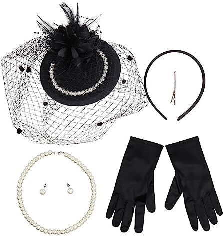 Generic Vintage medievale fascia con etichette, guanti, orecchini di perle e collana, set di accessori per costume da festa da donna