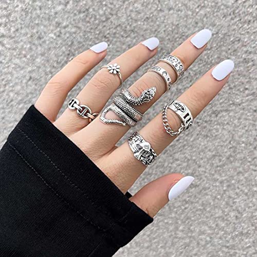 Prosy Vintage Snake Star Moon Knuckle Rings Set Silver Flower Heart Starfish Yin e Yang Finger Joint Impilabile Anello per donne e ragazze (D)