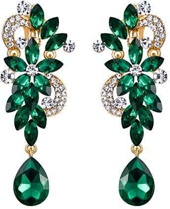 Clearine Orecchini a clip Boemo Boho Cristallo Fiore Sposa di nozze lacrima luminoso Lungo Mazzo di Fiore Clip-On Orecchini a clip Pendenti Verde Oro-fondo