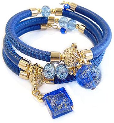 VENEZIA CLASSICA Bracciale da Donna con perle in Vetro di Murano Originale e vera pelle Toscana a tre giri blu, con foglia in oro 24kt e argento, Made in Italy certificato (dorato)