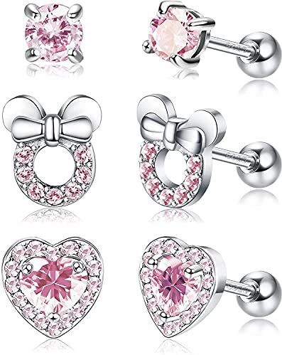 Milacolato 3 Paia di Orecchini a Vite in Argento Sterling 925 18G per Donna Ragazza Cartilagine Trago Elica Orecchini Zirconi Cuore Topo Orecchini a Bottone Rosa