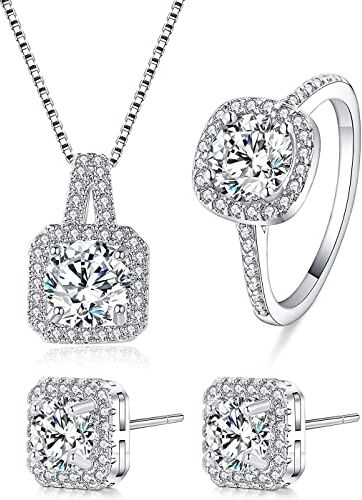 REQAG Collane orecchini anelli donna, in 925 Argento, con zirconi cubici, Pendente Strass Set,Catena del Diamante Gioielli da Sposa Regalo di San Valentino