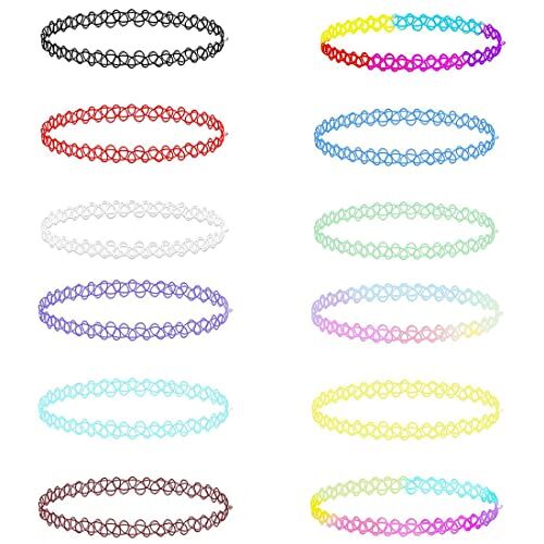 LEDSHLIU Collana Tatuaggio Colore 12 Set Collana Collana Catena Clavicola Elastica Tatuaggio Tatuaggio Collana Punk Retro Sexy Collana Anello Bracciale per Ragazze Signore