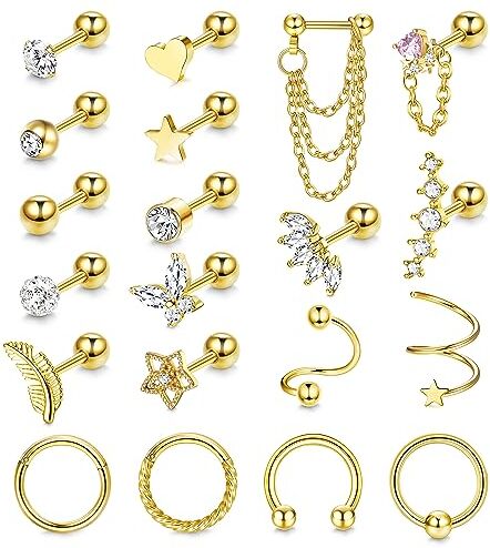 JeweBella 20 Pezzi 16G Orecchini Cartilagine Argento/Oro Piercing Orecchio Acciaio Chirurgico per Donna Piuma Cuore Stella Orecchini a Cerchio Set Piercing Orecchio Helix Trago Conch