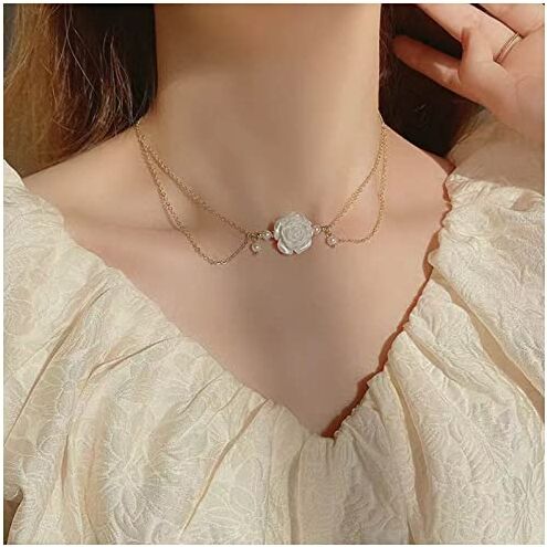 Inateannal Boho Perla Fiore Collana Girocollo Oro Stratificato Perla Catena Collana Fiore Bianco Petalo Ciondolo Collana Matrimonio Fiore Collana Catena Gioielli Per Le Donne E Le Ragazze