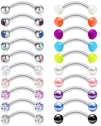 Mayhoop 20Pezzi 16G Sopracciglio Piercing Acciaio Chirurgico Perla Palla Anelli al Rook Daith Helix Conch Curvo Barbell Orecchini Sopracciglia Trago Labbro Piercing 8mm