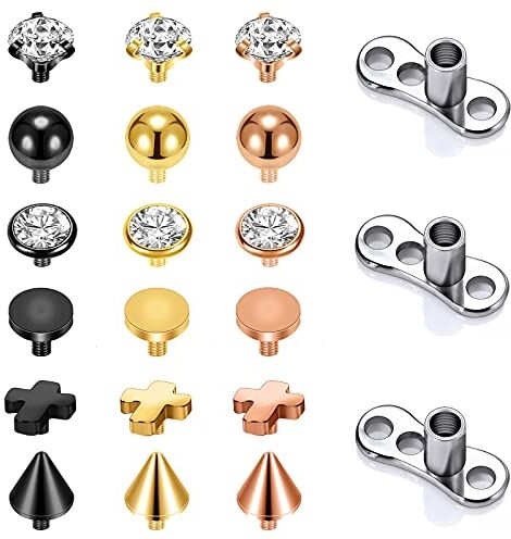 ZS 14G Acciaio Chirurgico Filettato Internamente Dermal Anchor Base Microdermals Piercing per Uomo/Donna, 14/15PCS CZ Dermal Anchor Tops 2.5mm 3mm 4mm Microdermal Piercing Kit (F)