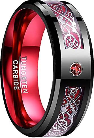 VAKKI Anello Zircone Nero e Rosso e Intarsio di Drago per Uomo/Donna Anello Unisex in Carburo di Tungsteno da 8 mm Adatto per Matrimoni Taglia 19