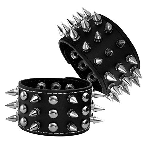 MILAKOO Bracciale di pelle a fascia larga con borchie metalliche nero con borchie di metallo motociclista punk rock