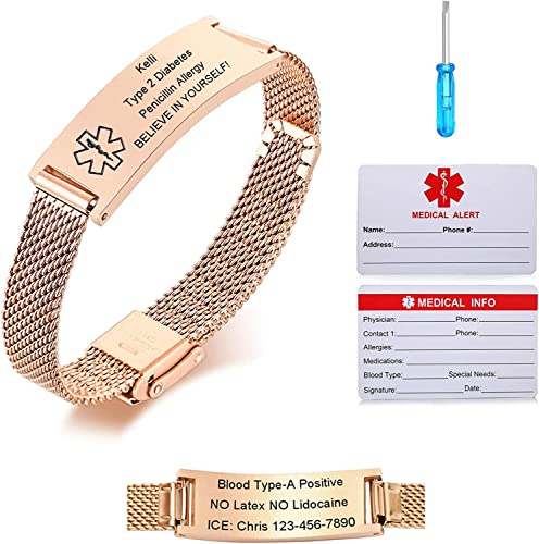 Vnox Bracciale di Emergenza Bracciale Personalizzato per Donne Mediche: Braccialetti ID Personalizzati con Incisione Bracciale Medico Regolabile in Acciaio Inossidabile da Uomo,Oro Rosa