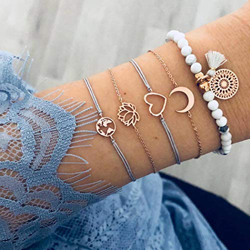 Edary Set di braccialetti con mappe con nappe dorate, con loto e luna, braccialetto personalizzato, a forma di cuore, catena a mano, gioielli per donne e ragazze (5 pezzi)