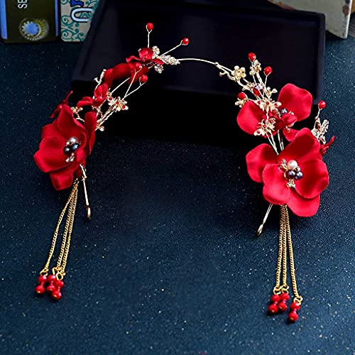 mifdojz n/a Trendy 3 pz/set Red Pearl Flower Fasce for le Donne Nappe Nuziali Tiara Hairband Cinese Sposa Accessori for Capelli