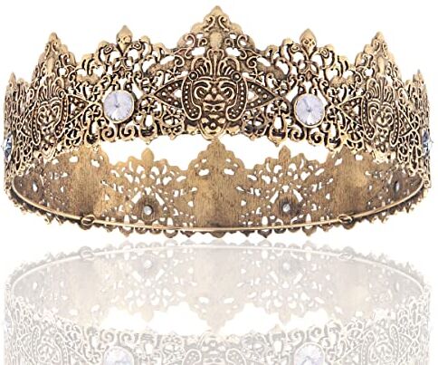 LEEMASING King Men Gold Tiara Corona Imperiale Medievale Cerchietto Cristallo Costumi per Matrimonio Halloween Faire Compleanno (Oro Scuro Con Pietra Bianca)