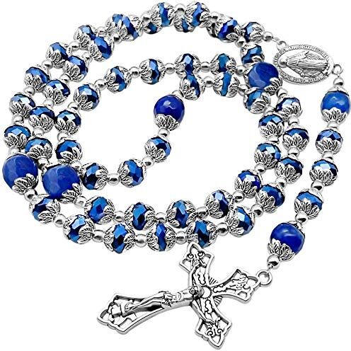 Nazareth Store Rosario con grani blu in simil agata effetto cristallo, collana con perline, Medaglia Miracolosa e Crocifisso, realizzato a mano