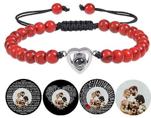 Certykllp Bracciale con perline cuore personalizzato con immagine all'interno Proiezione di foto Bracciale di cristallo nero agata bianco turchese bracciali per fidanzato fidanzato anniversario coppie gioielli