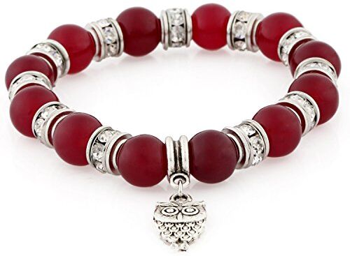 Morella Bracciale donna con perle e ciondolo gufo e zirconi elastico rosso scuro