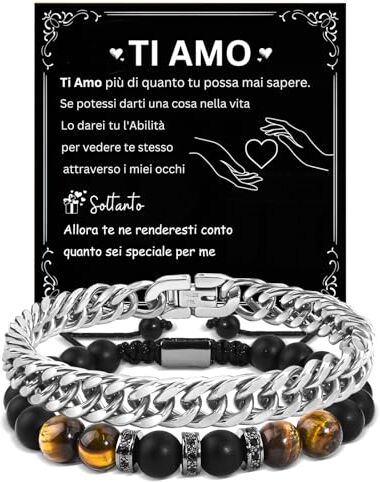 TERRISHE 2 Pezzi Bracciale Uomo Occhio di Tigre Naturale e Onice Nero Pietra, Bracciale a Catena Cubana in Acciaio Inossidabile, Regalo Uomo Compleanno per Marito Fidanzato, Regalo Anniversario