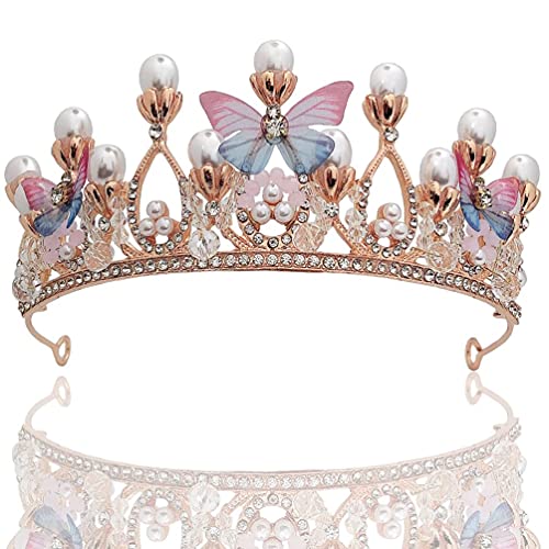 Voarge Tiara di cristallo da donna, corona principessa, farfalla, fiore e perle strass, corona per matrimonio, damigella d'onore, ballo di fine anno, copricapo reale