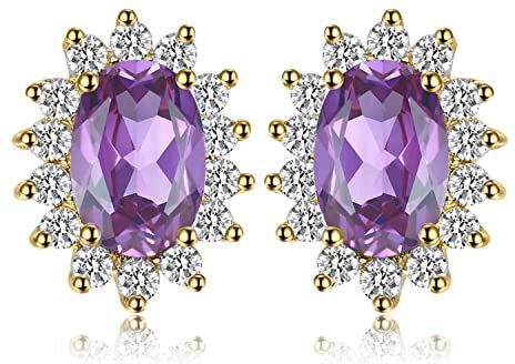 JewelryPalace Kate Middleton Orecchini a Bottone Donna Argento 925 con Naturale Ametista Viola, Princess Diana William Orecchini a Lobo con Pietra Ovale, Orecchini Stud in Oro Set Gioielli Donna