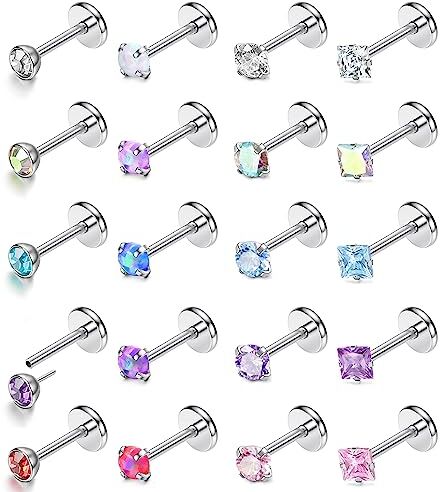 KRFY Piercing Naso 316L Anello Labbra Pushin in Acciaio Chirurgico 20Pcs 20G 18G Naso Piercing 3mm Arcobaleno Cristallo Opal Helix Tragus Conchiglia Cartilagine Orecchini Labret Piercing Brillantino