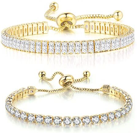 TOEECY 2 Pezzi Bracciale Tennis Donna Zirconi Bianchi Taglio Diamante Cristallo Regolabile Classico per Regali Compleanno Anniversario Mamma Figlia (Oro,#1)