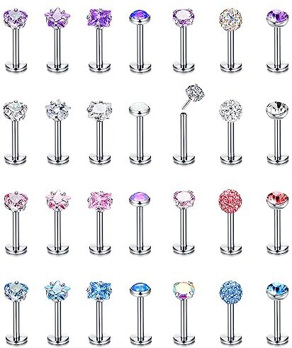 LOLIAS 28 Pezzi Piercing Labret Donna Uomo 16/20G 6/8mm Piercing Trago Acciaio Inossidabile Stella Cuore CZ Opal Piercing Medusa Tragus Orecchio