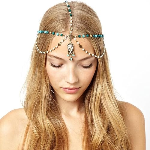 NICENEEDED Tiara Fronte Perla Boho, Catena con Testa di Perline Nappa, Copricapo per Capelli con Pendente A Goccia A Strati Vintage Splendido Accessorio per Capelli per Gioielli Sulla Fronte Da Sposa