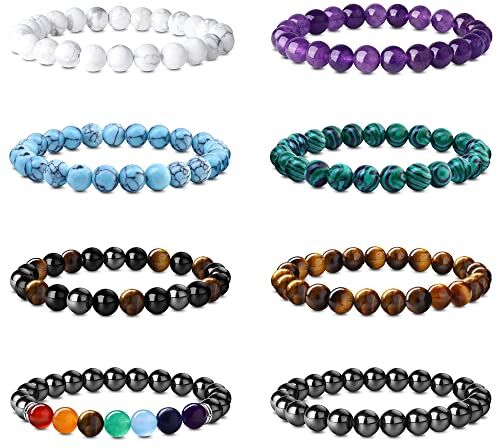 KALVICA 8 Pezzi 8MM Pietra Naturale Bracciale per Uomo Donna Occhio di Tigre Turchese Ametista Malachite 7 Chakra Bracciale Tripla Protezione Energia Braccialetti Set Bracciale Perle Elastico