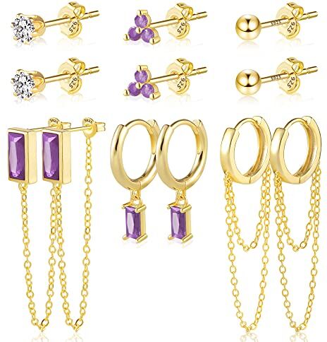 Ash orecchini cerchio argento 925, 6 paia Ragazza in Oro Argento Piccoli Orecchini a Cerchio con Cubic Zirconia Orecchini Pendenti con Catena Ipoallergenic Orecchini di Cartilagine Set