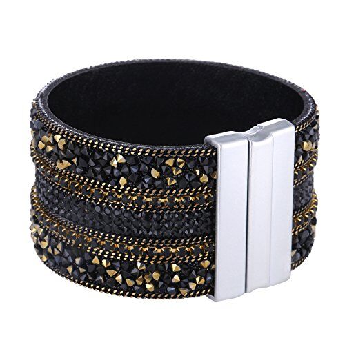 Morella Bracciale Donna Largo Decorato con zirconi e Strass e con Chiusura Magnetica Nero e Color Oro