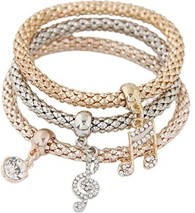 BEYEQCEZ 3 Pezzi Braccialetto da donna, Bracciale a catena di mais allungato,con ciondolo a forma di nota, elastico, con note musicali, braccialetto dell'amicizia, per ragazze con cristallo CZ