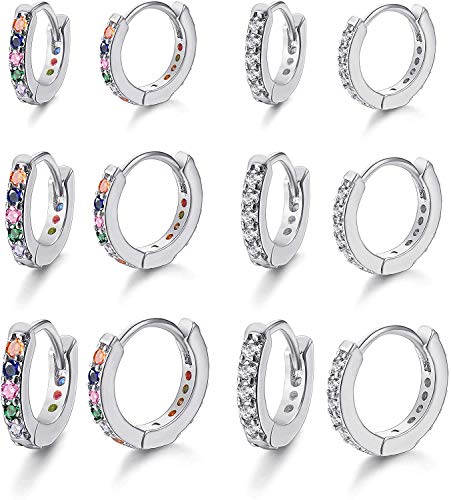 Milacolato 6Pairs Huggie Cerchio Orecchini per Donna Orecchini con Zirconi Cubici Rainbow CZ Multicolore Piccola Cartilagine Tragus Helix Piercing Orecchini Set