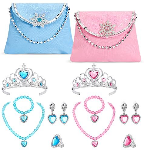 Hifot Borsetta con Gioielli Set per Bambini, Principessa Corona Collana Orecchini Anello Braccialetto Borsette per Feste Regalini Vestire fingere di Giocare