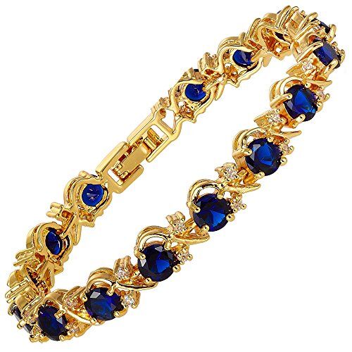 Rizilia Gioielli Rotondi Taglio Blu Pietre preziose Zaffiro fine CZ 18K Oro Giallo Placcato [18cm/7inch] Braccialetto da Tennis Semplice Semplice Eleganza Regolazione del Pizzo [Sacchetto di Gioielli Liberi]