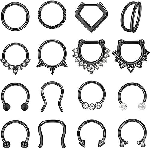 ADRAMATA 16Pcs Piercing Septum Piercing Naso Anelli Acciaio Chirurgico Daith Orecchini Piercing Helix Tragus Cartilagine Labbro Anello a Ferro di Cavallo Piercing Gioielli, 8MM, 16G,B