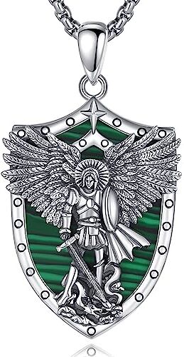 AEONSLOVE Collana San Michele Arcangelo Ciondolo Arcangelo Michele Argento 925 Uomo Donna Medaglia San Michele con Malachite Gioielli Amuleto di Protezione Religioso Regalo Cristiano Cattolico