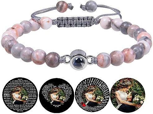 Certykllp Bracciale con perline personalizzato con immagine all'interno del braccialetto di proiezione foto cristallo agata nera bianco turchese bracciali per fidanzato fidanzato anniversario coppie gioielli