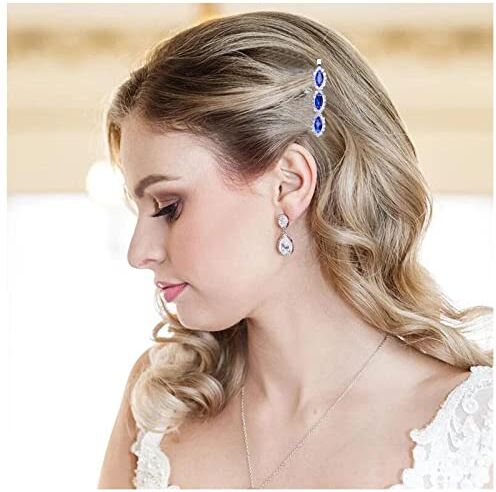 Inilbran Vintage Zaffiro Cristallo Capelli Pin Barrettes Cristallo Blu Matrimonio Capelli Barrette Cristallo D'argento Capelli Clip Bling Cz Capelli Pin Fermaglio Decorativo Bobby Pins(stile B)